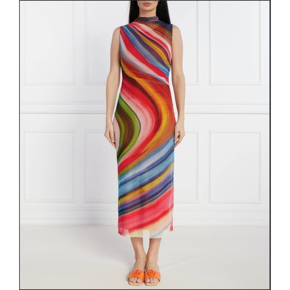 Desigual Tulle Wave Midi Dress Womens Small Multi Color Abstract Marble Mesh